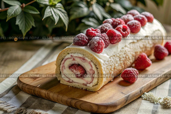 Swiss sponge roll with raspberries, a delicious fruit and cream dessert filled with cream cheese, decorated with fresh raspberries. Стоковое AI-изображение, AI-художник Photojuli / Фотобанк Лори