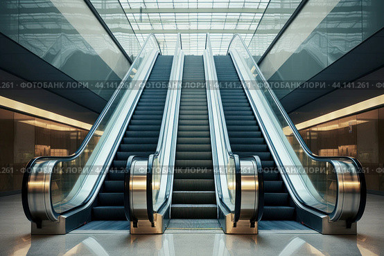 Symmetric modern escalators in commercial building. Стоковое AI-изображение, AI-художник Иван Рябоконь / Фотобанк Лори