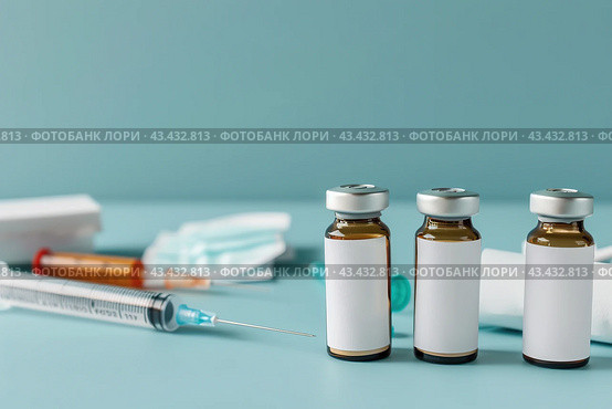 Syringe and glass vial on blue background table. Medical Vials group, needles, ampoules, bottle with medicines or vaccine. Disease treatment. Creative Banner. Anti-aging beauty injections. Vaccination. Стоковое AI-изображение, AI-художник Марина Демидюк / Фотобанк Лори