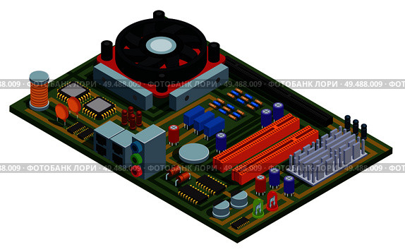 System plate for pc isometric vector illustration with semiconductor elements slots microchips capacitors diodes transistors. Стоковая иллюстрация, агентство Ingram Publishing / Фотобанк Лори