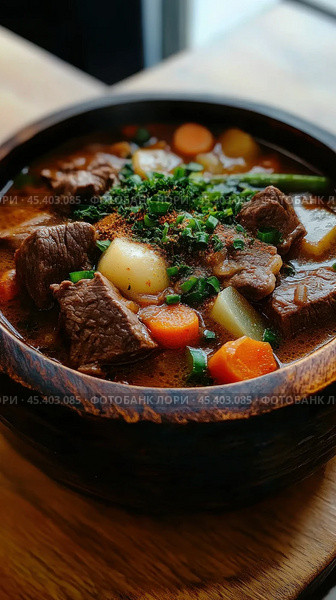 Сытная порция супа-гуляша с нежной говядиной и овощами для сезона вкусной еды. Стоковое AI-изображение, AI-художник ФотоИнтеллект / Фотобанк Лори