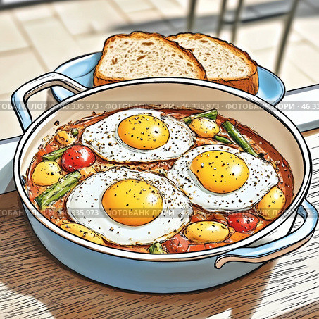 Сытный завтрак с яицами пашот и свежими овощами в уютной обстановке. Стоковое AI-изображение, AI-художник Сергей Милянчиков / Фотобанк Лори