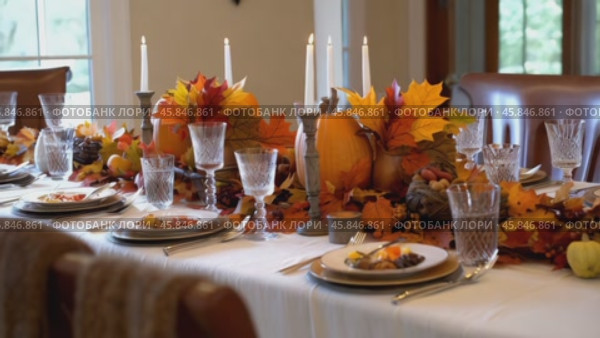 Table with a white tablecloth and a fall themed table setting. Стоковое AI-видео, аниматор Sergey Grishin / Фотобанк Лори