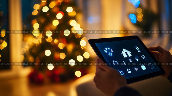 Tablet in hand. The concept of a "smart home" with devices in the house. The smart home tablet app. Стоковое AI-изображение, AI-художник Терехова Марина / Фотобанк Лори