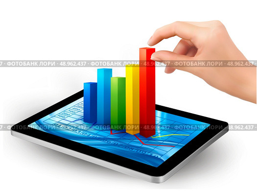 Tablet screen with graph and a hand. Vector. . Стоковая иллюстрация, агентство Ingram Publishing / Фотобанк Лори