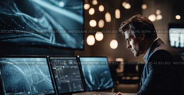 Talented Young male Professional Working in a Technological Research and Development Agency. Computer Screens with Software Code and Technical Neural Network Diagrams. Multiscreen set up. AI. Стоковое AI-изображение, AI-художник Sergey Grishin / Фотобанк Лори