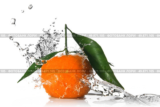 Tangerine with water splash isolated on white . Стоковое фото, агентство Ingram Publishing / Фотобанк Лори