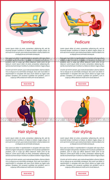 Tanning tan in solarium, gaining different skin color. Pedicurist with client woman hair styling. Making hairstyle, set of posters with text vector. Tanning Tan in Solarium Pedicurist Posters Vector. Стоковая иллюстрация, агентство Ingram Publishing / Фотобанк Лори