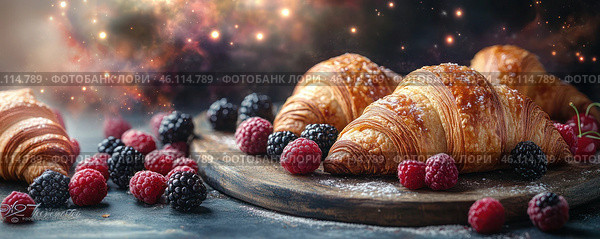 Тарелка с круассанами и ягодами. Ягоды черные и красные. Стоковое фото, фотограф Ярославский Максим / Фотобанк Лори