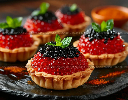 Tartlets with black and red caviar. A beautiful and original snack for a festive table. Enjoy your meal! Стоковое AI-изображение, AI-художник Сергей Елизарьев / Фотобанк Лори