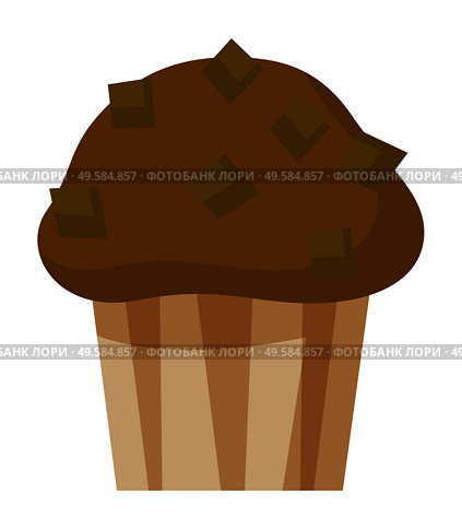 Tasty cupcake isolated on white. Cake decoration with brown choko drops, chips. Baked dessert in paper form, cup. Chocolate confection in bakery. Vector illustration of closeup muffin in flat style. Chocolate Cupcake or Muffin with Choco Decoration. Стоковая иллюстрация, агентство Ingram Publishing / Фотобанк Лори