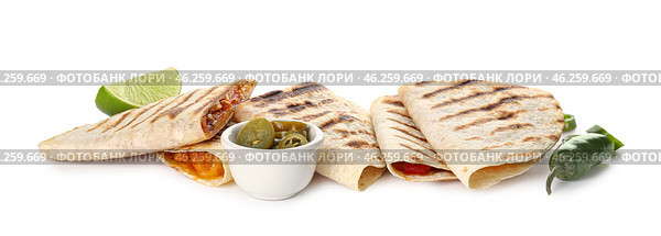 Tasty quesadillas, lime and pickled jalapenos on white background. Стоковое фото, фотограф Pixel_shot / Фотобанк Лори