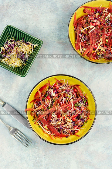 Tasty salad made from a mixture of sprouted alfalfa, beans, red radish with pomegranate and black carrots.. Diet vegan sprouts salad. Стоковое фото, агентство Ingram Publishing / Фотобанк Лори