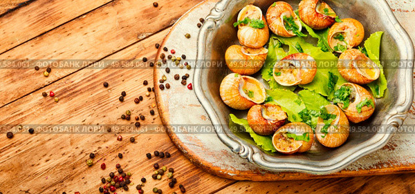 Tasty snails in vintage tray.Stuffed escargots.France food. Bourgogne escargot snails. Стоковое фото, агентство Ingram Publishing / Фотобанк Лори