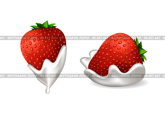 Tasty strawberries in fresh whipped cream set. Berry doused inside delicious dairy product. Natural summer dessert isolated vector illustrations.. Tasty Strawberries in Fresh Whipped Cream Set. Стоковая иллюстрация, агентство Ingram Publishing / Фотобанк Лори