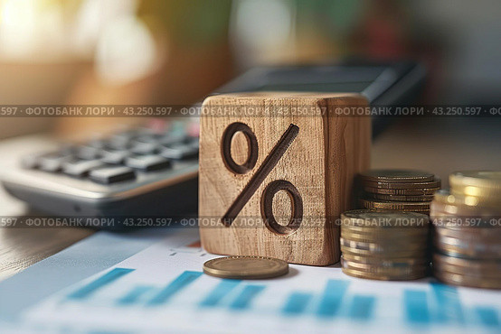 Tax season Taxation. Percent sign on wooden block, calculator, coins stack. Paperwork, financial research, report. Calculate tax return. Personal banking. Finance. Planning budget. Calculating expense. Стоковое AI-изображение, AI-художник Марина Демидюк / Фотобанк Лори
