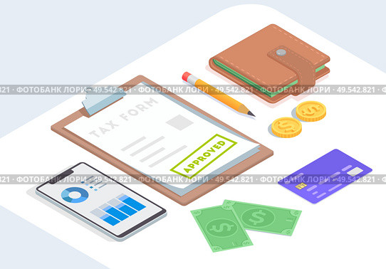 Taxes accounting isometric composition with images of pencil paperwork money credit card and smartphone on table vector illustration. Стоковая иллюстрация, агентство Ingram Publishing / Фотобанк Лори
