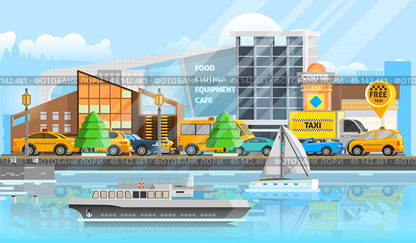 Taxi Vehicles Template. Taxi vehicles template with traffic of cars automobiles ship yacht and bus in flat style vector illustration. Стоковая иллюстрация, агентство Ingram Publishing / Фотобанк Лори