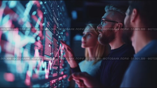 Team analyzes data trends in tech lab during evening session. Стоковое AI-видео, аниматор Сергей Толмачёв / Фотобанк Лори