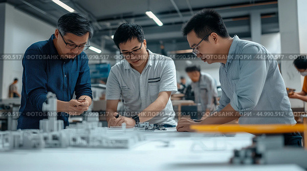 Team of engineers collaborating on a project in a modern workshop while discussing design plans and working on prototypes. Стоковое AI-изображение, AI-художник Сергей Толмачёв / Фотобанк Лори