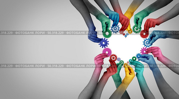Team partnership unity and collaboration concept connecting with teamwork as a business metaphor with diverse people connected together as a work symbol for employee cooperation with 3D illustration elements. Стоковое фото, агентство Ingram Publishing / Фотобанк Лори