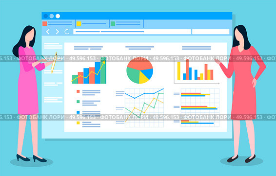 Teamwork concept. Development of a plan how to attract a customers. Woman office workers communicate, collaboration and discussion graphical business report with data charts and graphs on web page. Teamwork concept, collaboration and discussion graphical business report with charts and graphs. Стоковая иллюстрация, агентство Ingram Publishing / Фотобанк Лори