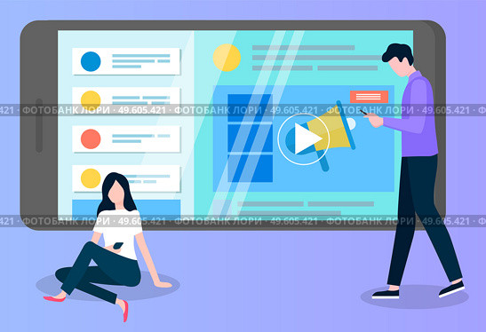 Teamwork concept. Development of a plan how to attract customers. Man and woman typing in telephone, collaboration and discussion graphical business page with information site or online store. Development of a plan how to attract customers. Man and woman typing in telephone, collaborate. Стоковая иллюстрация, агентство Ingram Publishing / Фотобанк Лори