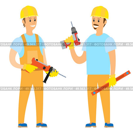 Teamwork of people vector, male waring special clothes, protective gloves and special helmet, man tooling and mounting, vibration dangerous job set. Workers Holding Drill and Instruments, Vector. Стоковая иллюстрация, агентство Ingram Publishing / Фотобанк Лори
