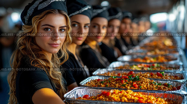Teamwork: Young caterers present delectable dishes. Стоковое AI-изображение, AI-художник Данила Большаков / Фотобанк Лори