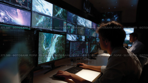 Tech specialists analyze environmental data in a high-tech control room during nighttime operations. Стоковое AI-изображение, AI-художник Сергей Толмачёв / Фотобанк Лори