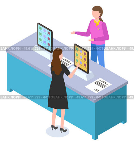 Tech store, buyer woman choosing electronic device, digital tablet, modern gadget, distributor customer service, isometric 3d illustration, consultation with manager, personalized help in tech shop. Tech store, buyer woman choosing electronic device, digital tablet, distributor customer service. Стоковая иллюстрация, агентство Ingram Publishing / Фотобанк Лори