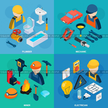 Technic Professions Isometric Icon Set. Plumber mechanic electric and miner profession man with tools isometric icons set isolated vector illustration. Стоковая иллюстрация, агентство Ingram Publishing / Фотобанк Лори