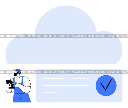 Technician in blue overalls using a tablet next to a large cloud symbol and verification check mark. Ideal for cloud computing, data storage, technology, IT support, security, digital workflows. Technician Checking Data on Tablet with Cloud Storage and Check Mark Symbol. Стоковая иллюстрация, агентство Ingram Publishing / Фотобанк Лори