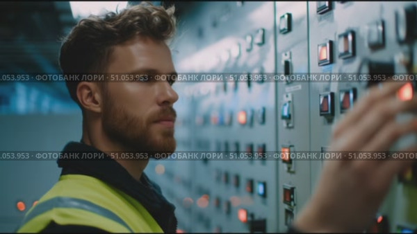 Technician operates control panel in industrial facility late at night. Стоковое AI-видео, аниматор Сергей Толмачёв / Фотобанк Лори