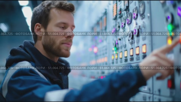 Technician operates control panel in industrial facility during evening shift. Стоковое AI-видео, аниматор Сергей Толмачёв / Фотобанк Лори