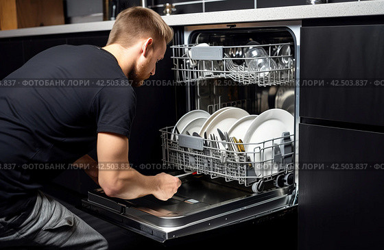 Technician repairing dishwashing machine. Generate ai. Стоковое AI-изображение, AI-художник Иван Рябоконь / Фотобанк Лори