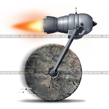 Technology upgrade business concept as an ancient stone wheel with a rocket engine or jet motor attached for increased speed and performance as a success metaphor for innovating on old ideas. Стоковое фото, агентство Ingram Publishing / Фотобанк Лори