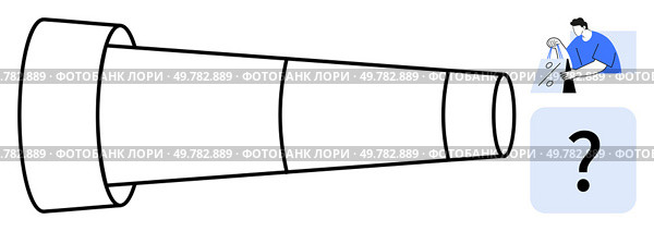 Telescoping spyglass adjacent to individual examining with magnifying glass, question mark symbol nearby. Ideal for search concepts, exploration, investigation, curiosity, discovery, analysis. Telescoping Spyglass Next to Person Inspecting a Magnifying Glass with a Question Mark Symbol. Стоковая иллюстрация, агентство Ingram Publishing / Фотобанк Лори