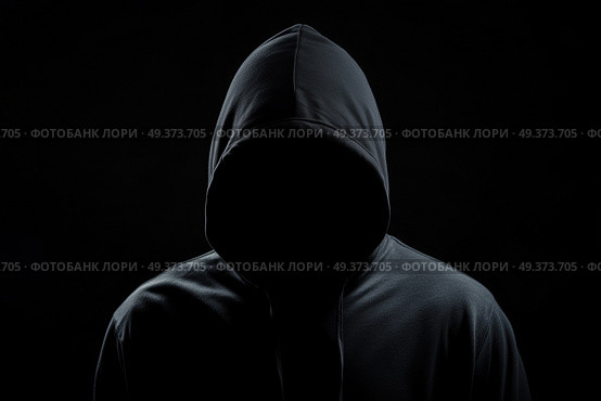Темная фигура в капюшоне в тени. Стоковое AI-изображение, AI-художник Александр Жуков / Фотобанк Лори