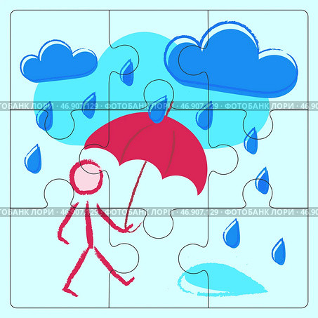 Template Puzzle Stick figure with Umbrella walking under clouds, Rain. Bad weather, cloudy. Fun Scribbled drawing. Hand drawn child picture. Bright mosaic. Collect Riddle for kid. Vector illustration. Стоковая иллюстрация, иллюстратор Алёна Остроухова / Фотобанк Лори