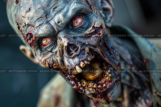 Terrifying zombie face with bloodshot eyes. Стоковое AI-изображение, AI-художник Иван Рябоконь / Фотобанк Лори