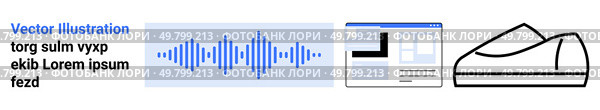 Text block in blue and black, abstract blue sound wave, minimalistic website layout, and outlined shoe. Ideal for digital design, web development, user interface, sound analysis, typography, footwear. Abstract Visuals with Text, Sound Wave, Website Layout, and Shoe Outline. Стоковая иллюстрация, агентство Ingram Publishing / Фотобанк Лори