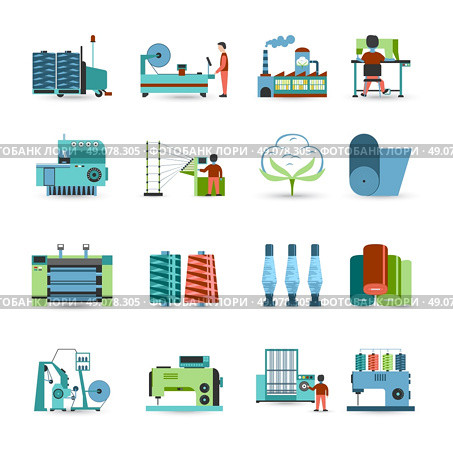 Textile Mill Flat Icons Set . Textile manufacturing process flat icons collection with weaving yarn  machinery equipment and clothes fabrication abstract isolated vector illustration. Стоковая иллюстрация, агентство Ingram Publishing / Фотобанк Лори