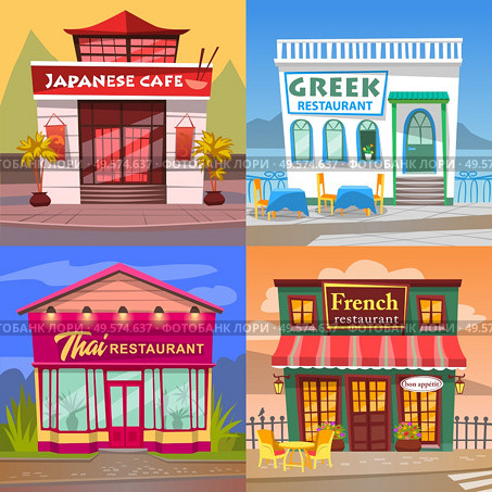 Thai and French cuisine vector, greek and japanese restaurant diner facade. Buildings in orient style, eatery of asian meals and dishes. European and eastern gastronomy set of houses illustration. Japanese and Greek Cafe, Thai and French Cuisine. Стоковая иллюстрация, агентство Ingram Publishing / Фотобанк Лори