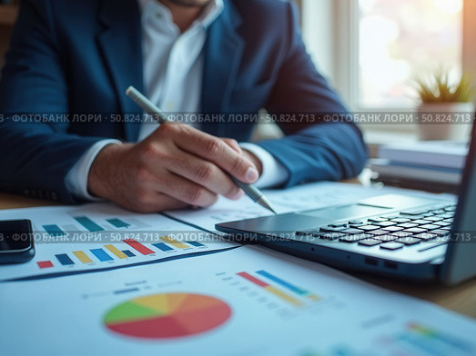 The 2025 New Year business goals concept. Businessman analyzes graph of trend market growth in 2025 and plans business growth and profit increases. calculates financial data. Стоковое AI-изображение, AI-художник Sergey Grishin / Фотобанк Лори