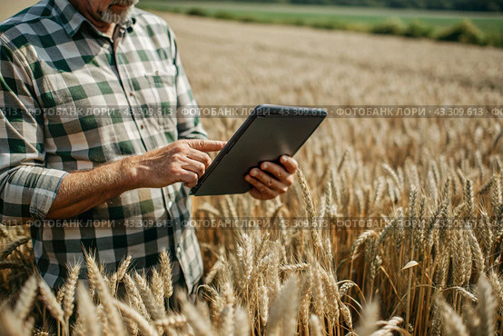 The agronomist uses software to process online data for digital farming. A farmer with a tablet computer in his hands stands in a wheat field. Стоковое AI-изображение, AI-художник Photojuli / Фотобанк Лори