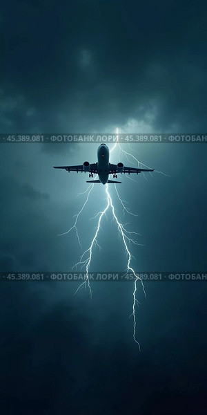 The aircraft encounters a severe thunderstorm, surrounded by dark clouds and illuminated by bright lightning strikes, highlighting the danger in the sky. Causes of air crashes. Generative AI. Стоковое AI-изображение, AI-художник Юлия Петровская / Фотобанк Лори