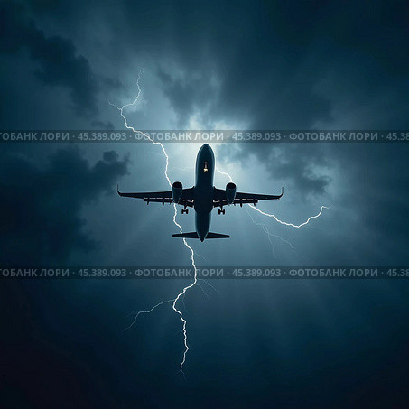 The aircraft encounters a severe thunderstorm, surrounded by dark clouds and illuminated by bright lightning strikes, highlighting the danger in the sky. Causes of air crashes. Generative AI. Стоковое AI-изображение, AI-художник Юлия Петровская / Фотобанк Лори