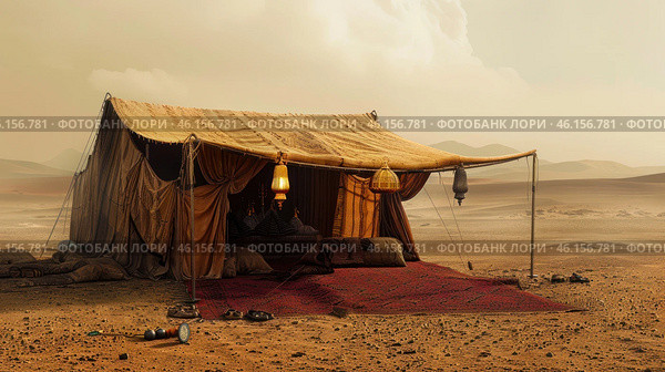 The atmosphere of an oriental oasis or a nomadic camp in the desert. In the center of the stage is a large beige and gold tent decorated with traditional patterns and fabrics. Inside, you can see cozy pillows, rugs and candles, creating a feeling of warmth and coziness. Outside, objects such as a hookah, shoes and decorative elements are scattered on the sand, adding to the realistic feel of the scene. The distant background with dunes and sand hills enhances the feeling of isolation and serenity. The color palette is done in warm tones: shades of sand, ochre and red, creating a harmonious combination with the surrounding landscape. Стоковое AI-изображение, AI-художник Анна Кривицкая / Фотобанк Лори