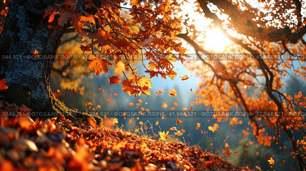 The autumn park is filled with yellow leaves, creating a peaceful atmosphere and pleasant rustling sounds under your feet. Стоковое AI-изображение, AI-художник Юрий Поздников / Фотобанк Лори